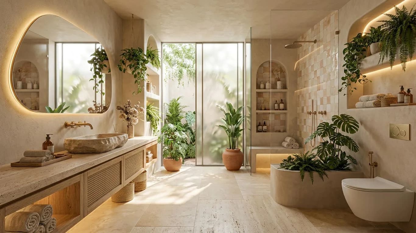 Baño orgánico con lavamanos de piedra tallada, espejo orgánico y vegetación