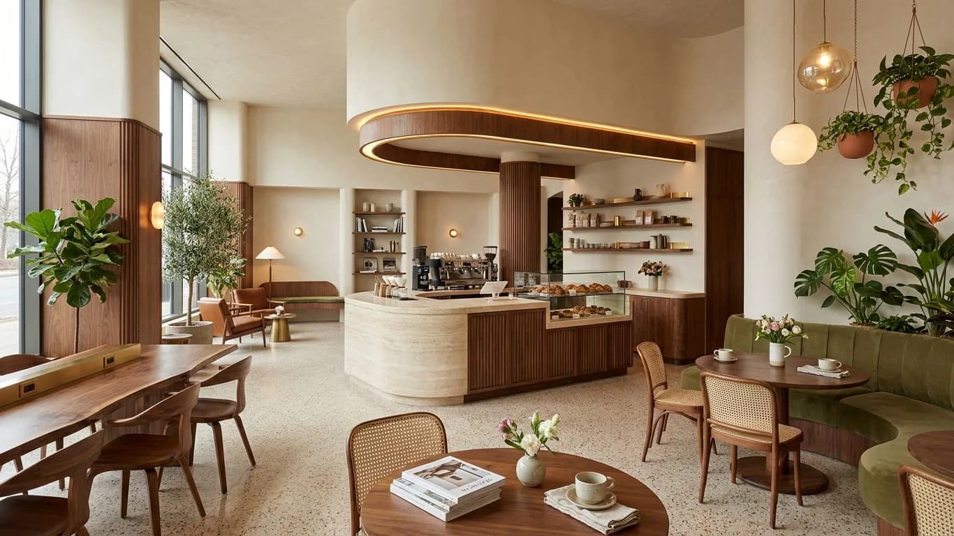 Cafetería mid-century con barra de travertino, estantería de nogal y sillas tapizadas