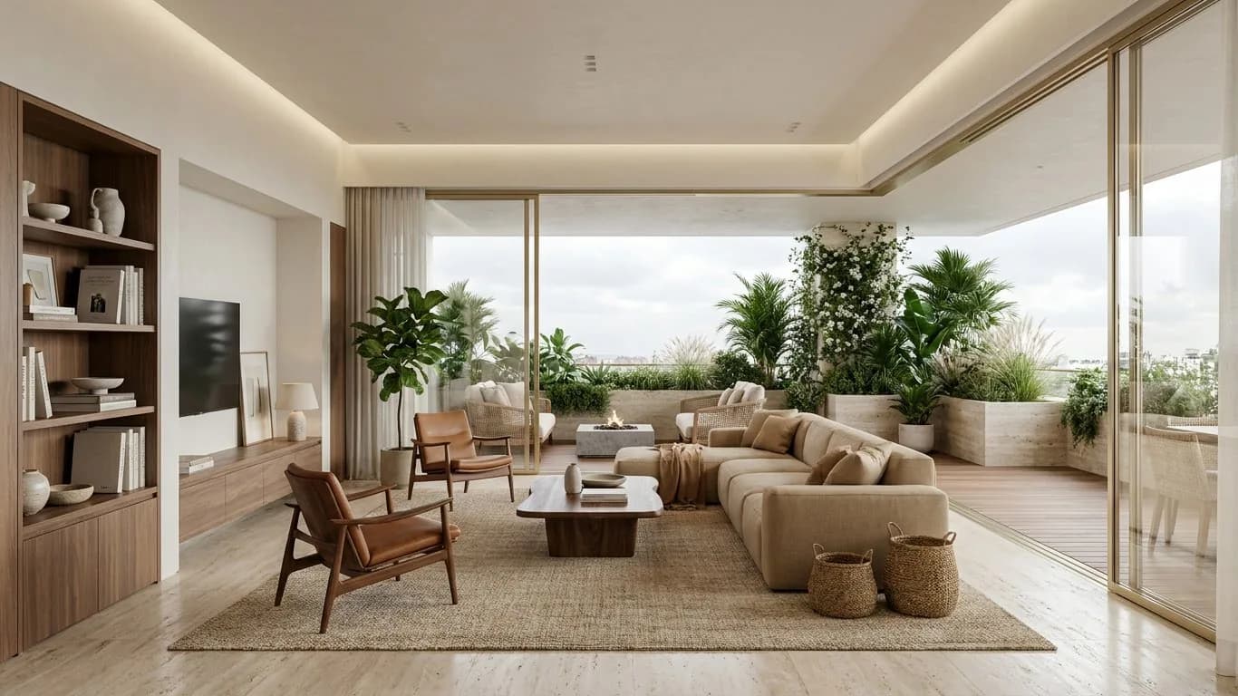 Sala en tonos lino abierta a un balcón con vegetación y vista a la ciudad