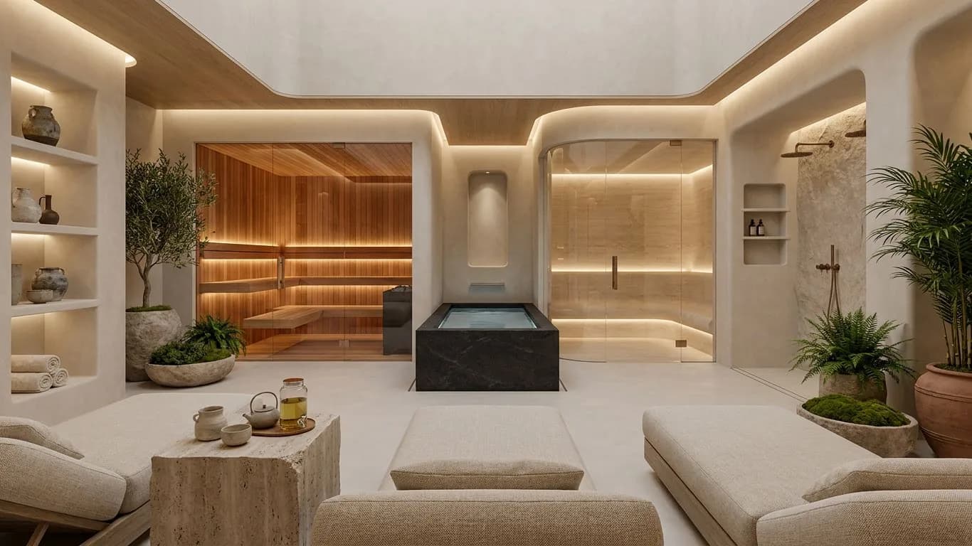 Suite wellness con sauna de cedro, zona de reposo y piscina de inmersión fría