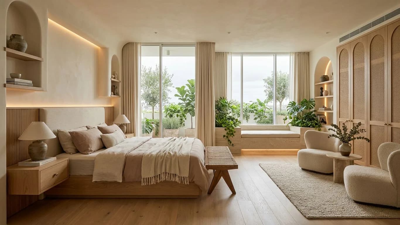 Dormitorio ambientado con textiles en lino, butaca y vegetación junto a la ventana