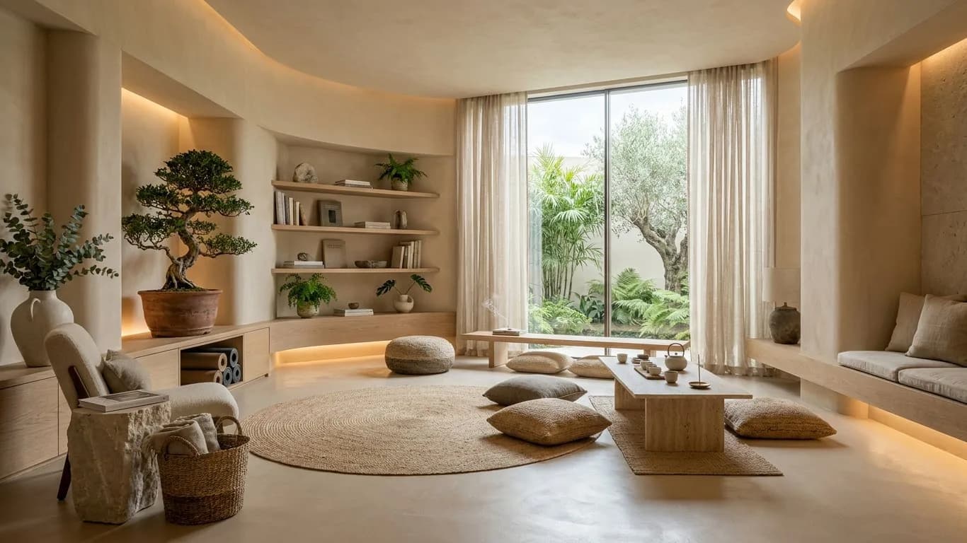 Sala serena con cojines en tonos tierra, bonsái y luz suave de la tarde