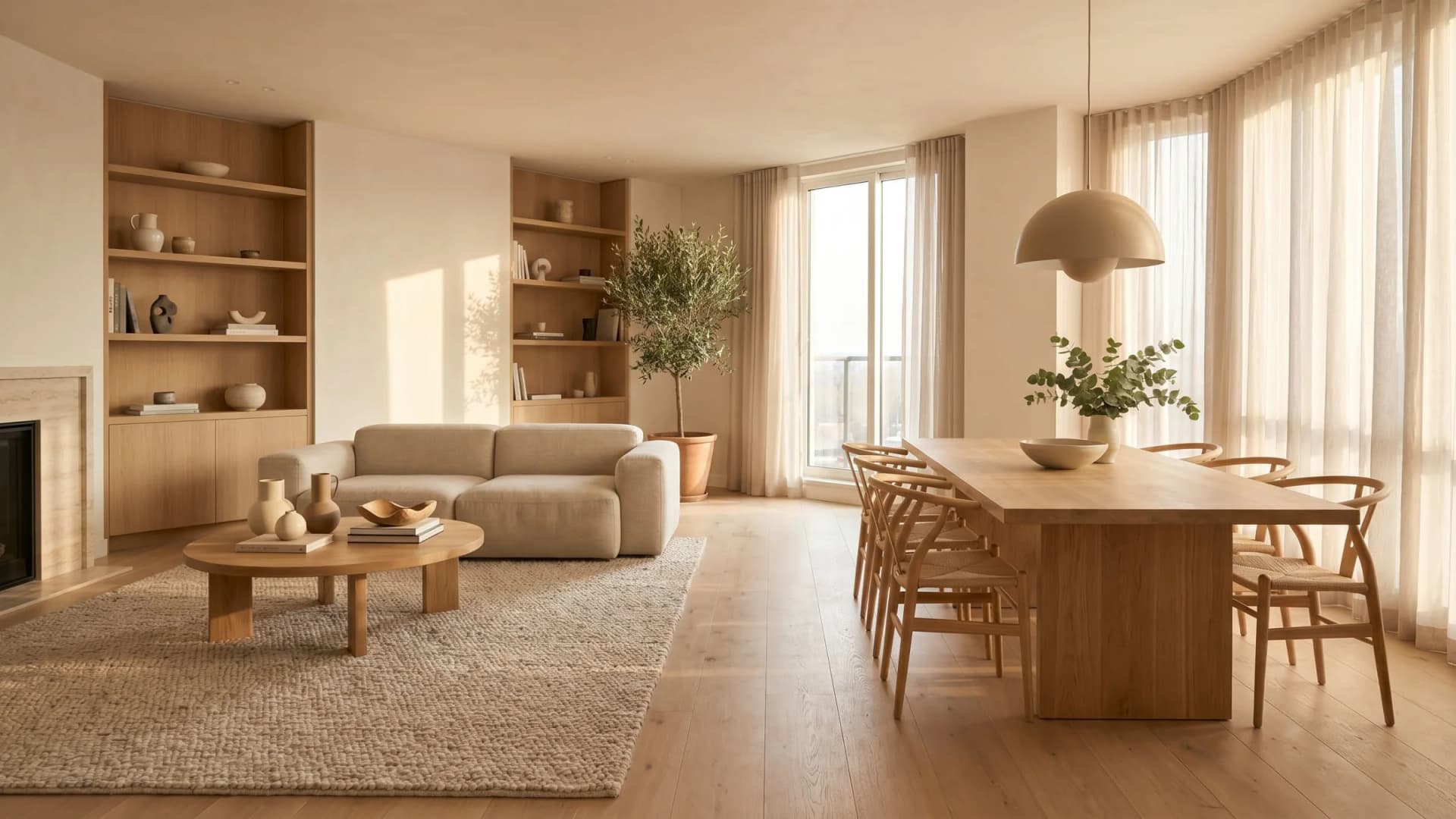 Sala y comedor residencial cálido diseñado por LUME