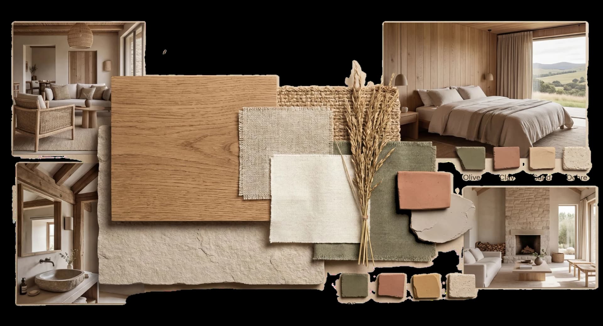 Moodboard de materiales con maderas, textiles y muestras de color en tonos tierra