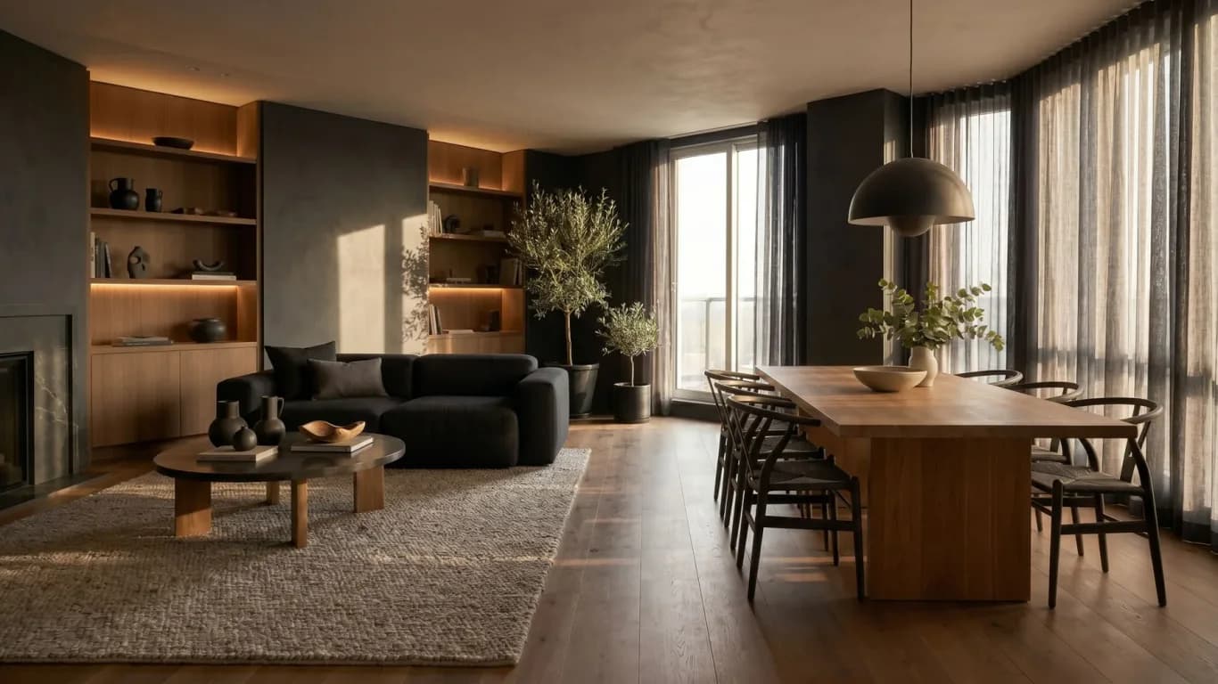 Sala comedor remodelada con biblioteca en madera, iluminación cálida y grandes ventanales