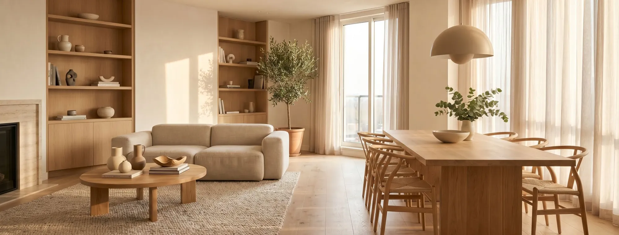 Sala en estilo minimalismo cálido con sofá crema y comedor de madera clara