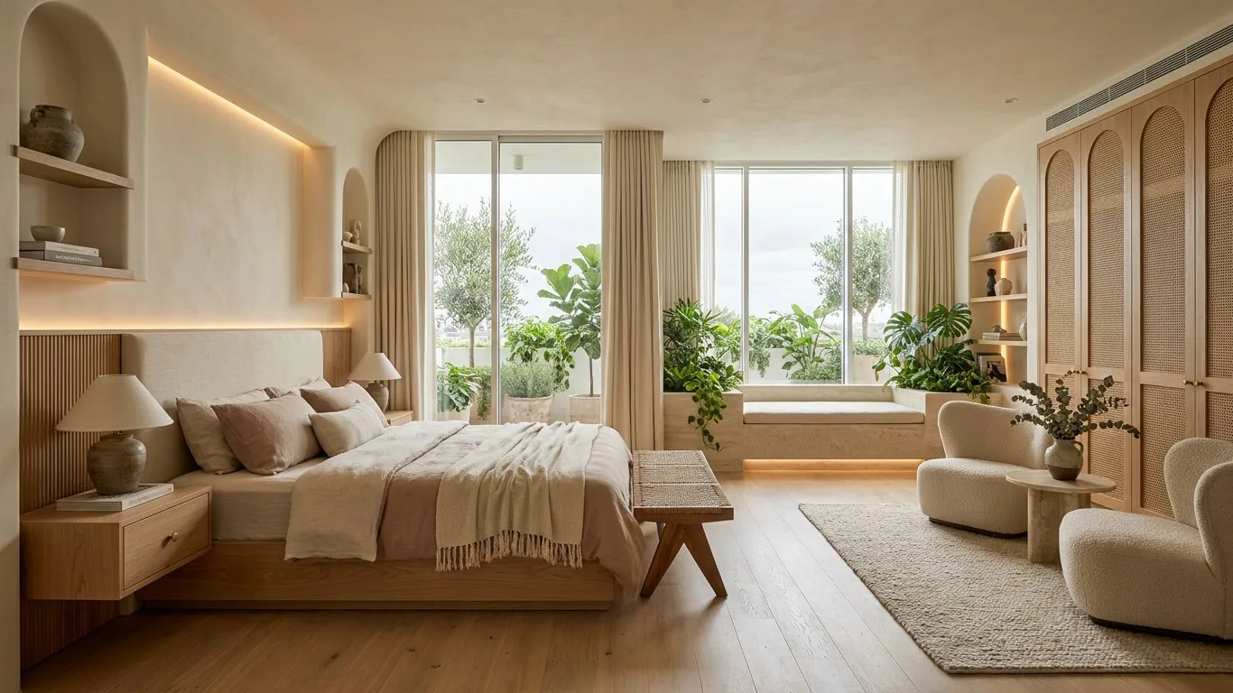 Dormitorio ambientado con textiles en lino, butaca y vegetación junto a la ventana