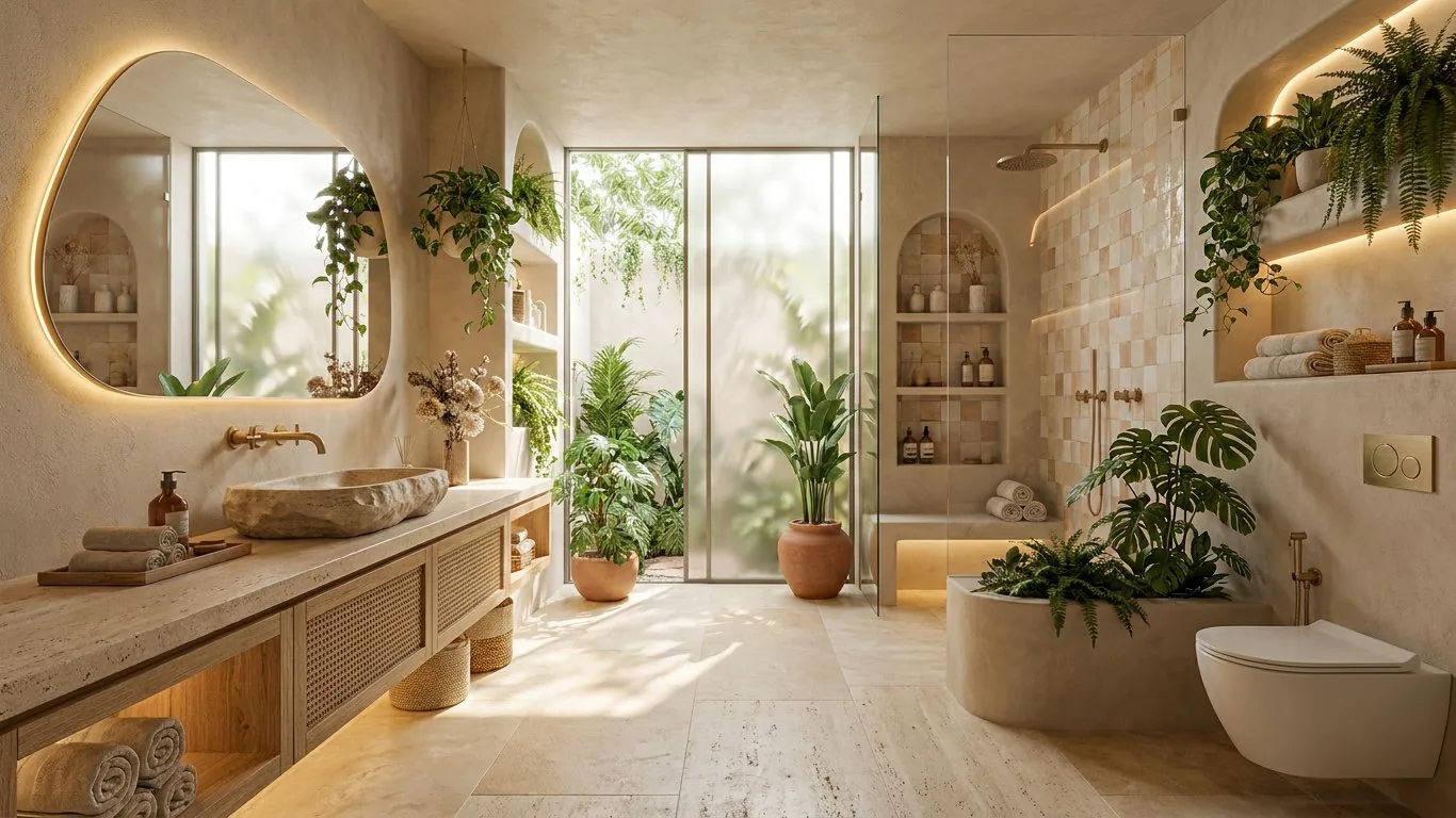 Baño orgánico con lavamanos de piedra tallada, espejo orgánico y vegetación
