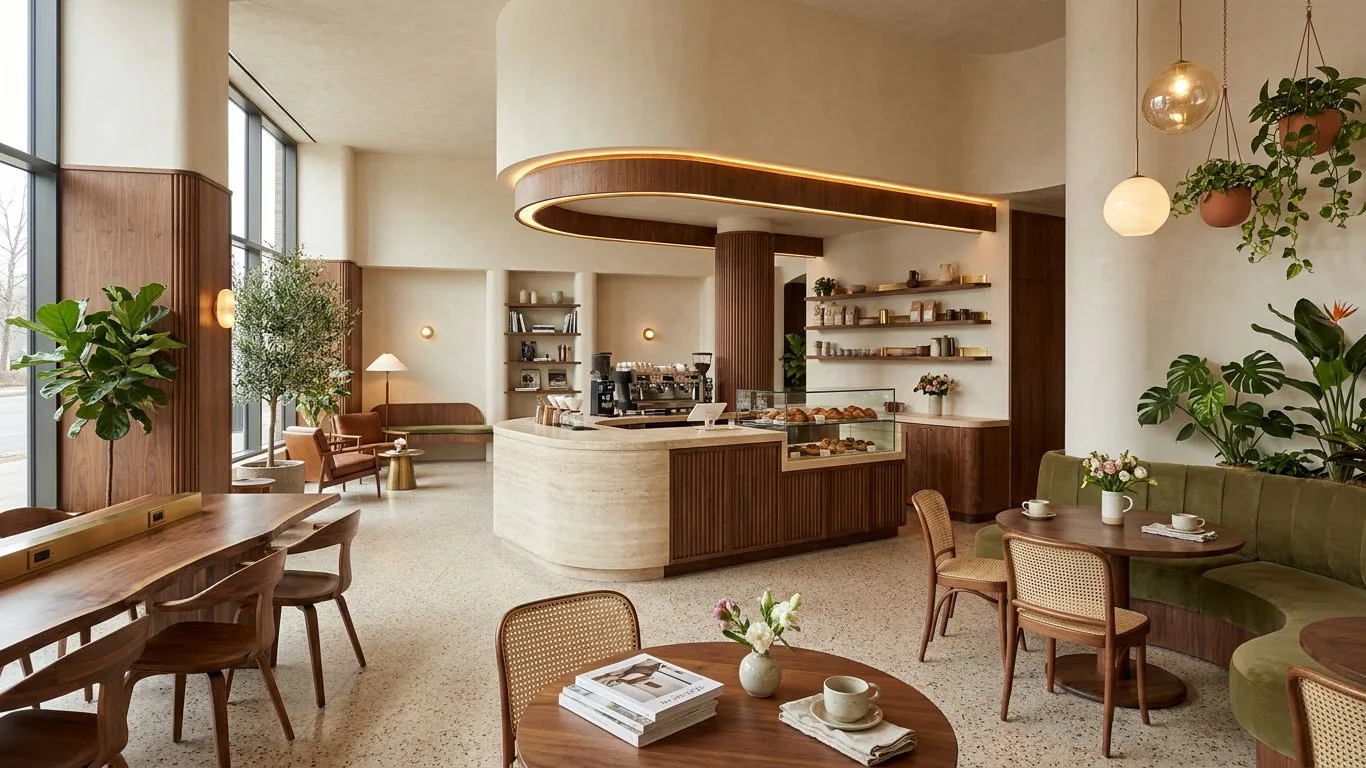 Cafetería mid-century con barra de travertino, estantería de nogal y sillas tapizadas