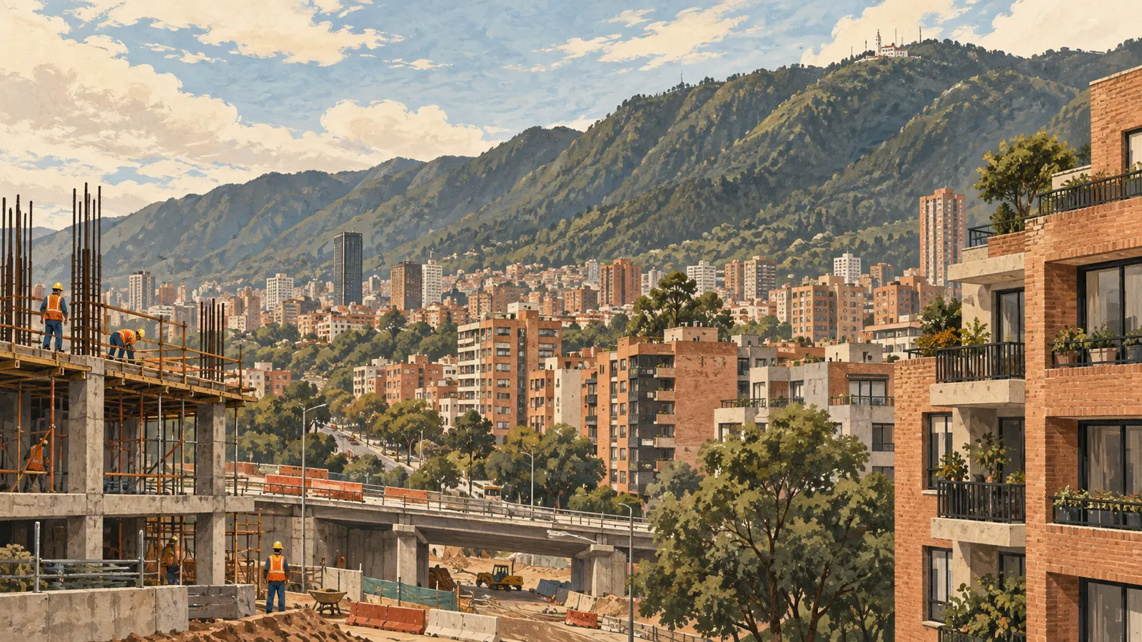 Ilustración editorial de edificios de ladrillo y obras urbanas frente a los Cerros Orientales y Monserrate en Bogotá