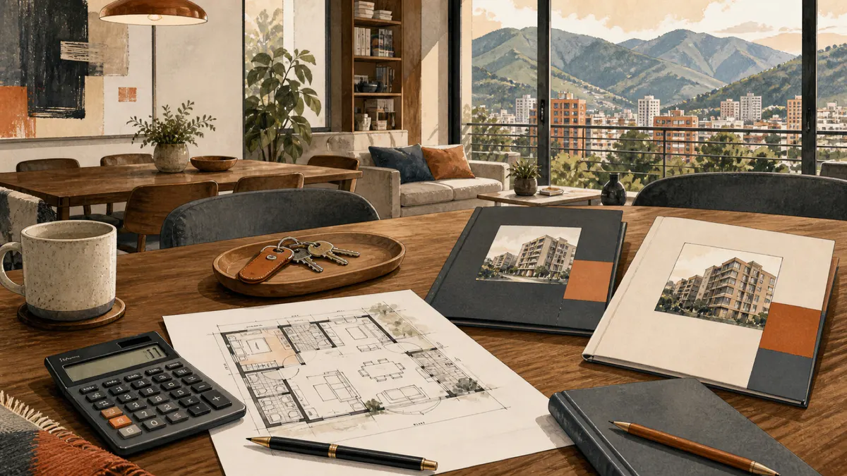 Ilustración de planos, propuestas y llaves para comparar la financiación de una vivienda