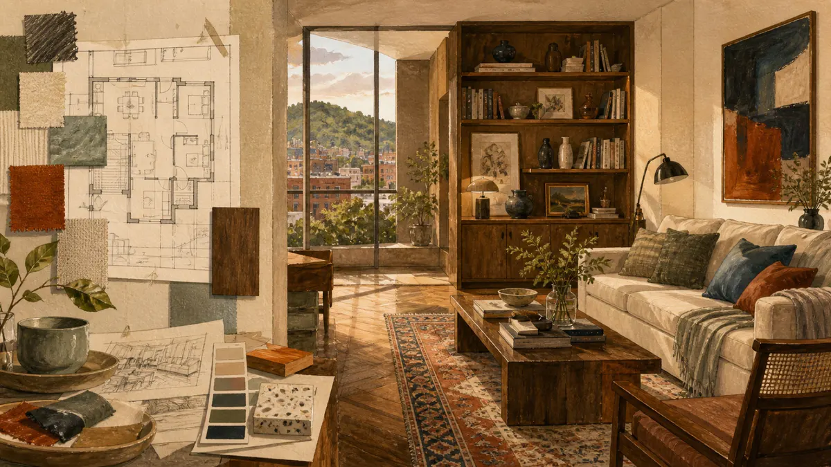 Ilustración de un hogar cálido junto a planos, materiales y decisiones de diseño interior