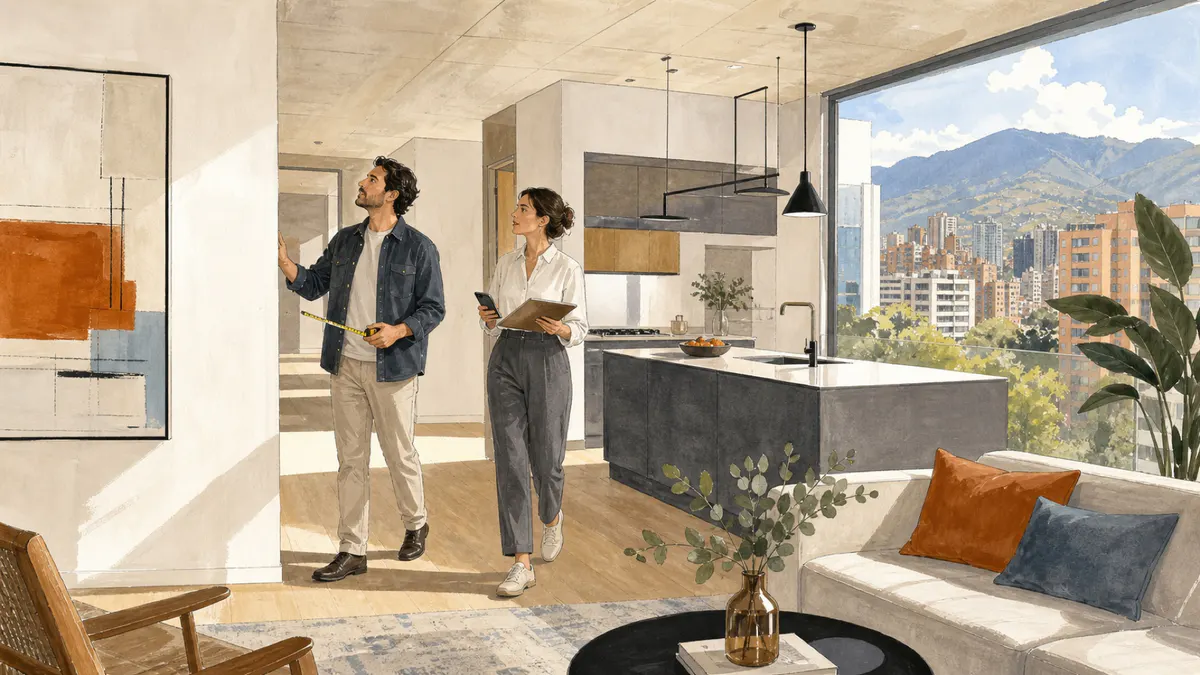 Ilustración de una pareja revisando medidas y acabados al recibir un apartamento nuevo