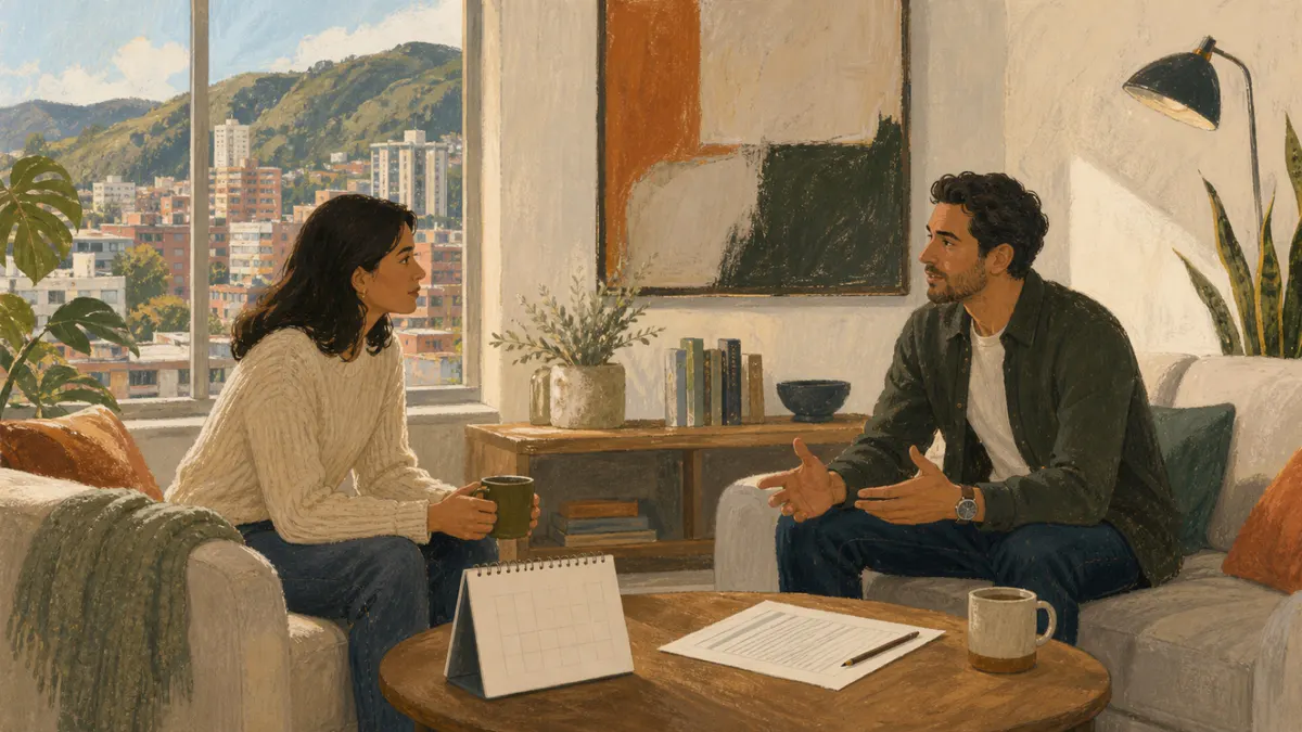 Ilustración de una conversación respetuosa sobre el reajuste de un arriendo en Bogotá