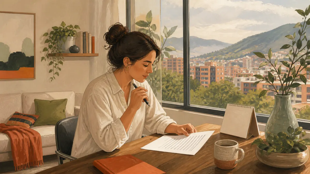 Ilustración de una mujer revisando un contrato de arriendo en un apartamento de Bogotá