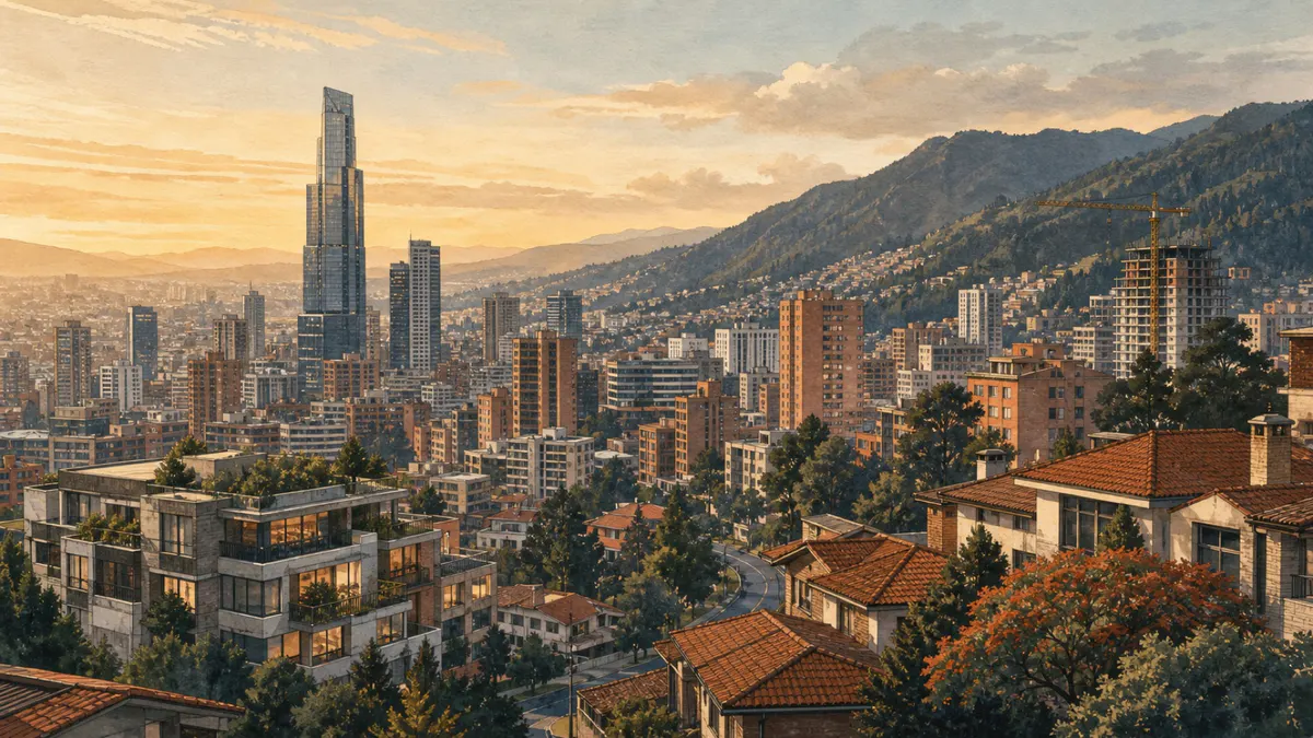Ilustración editorial de Bogotá, sus Cerros Orientales y distintos tipos de vivienda