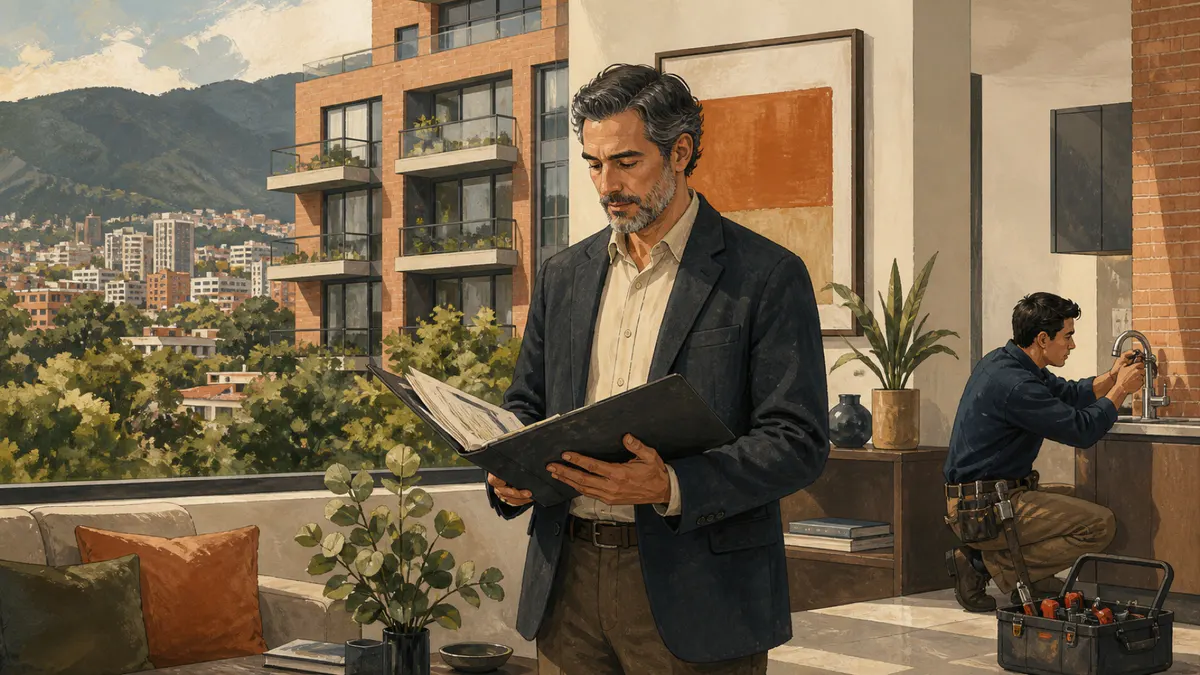 Ilustración de un administrador inmobiliario coordinando el mantenimiento de una vivienda