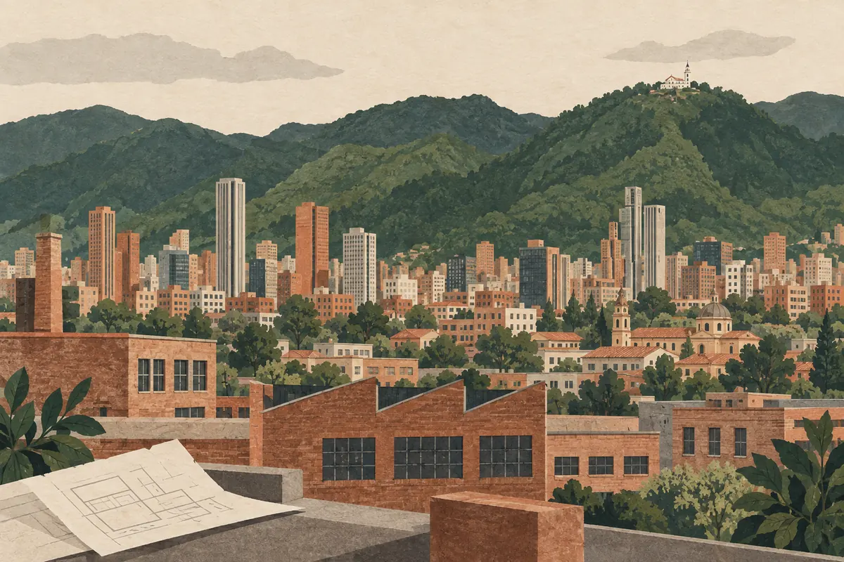 Ilustración editorial de edificios de ladrillo y planos frente a los Cerros Orientales y Monserrate en Bogotá