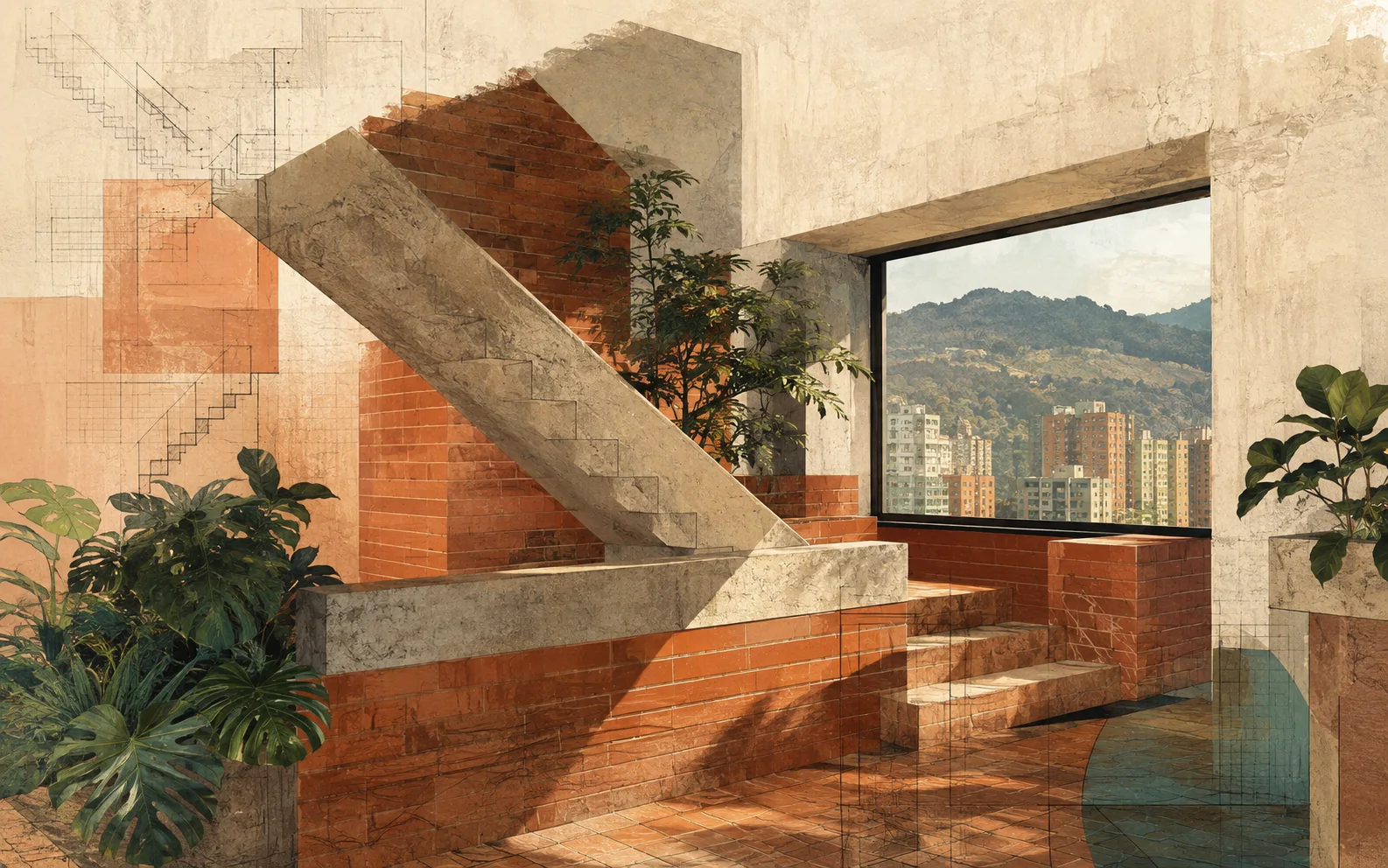 Ilustración editorial de una escalera de ladrillo y concreto frente a los Cerros Orientales de Bogotá