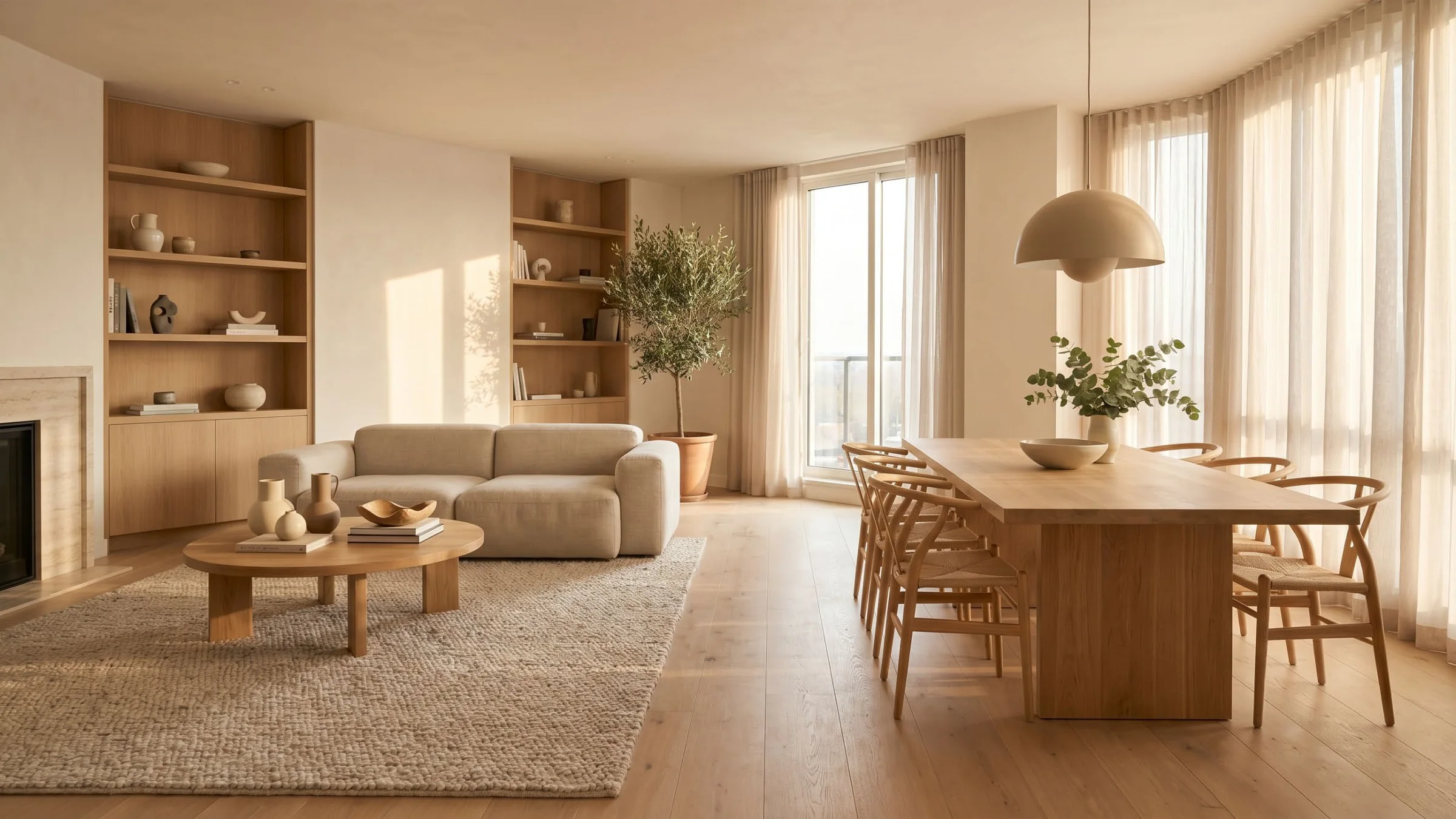 Sala y comedor residencial cálido diseñado por LUME