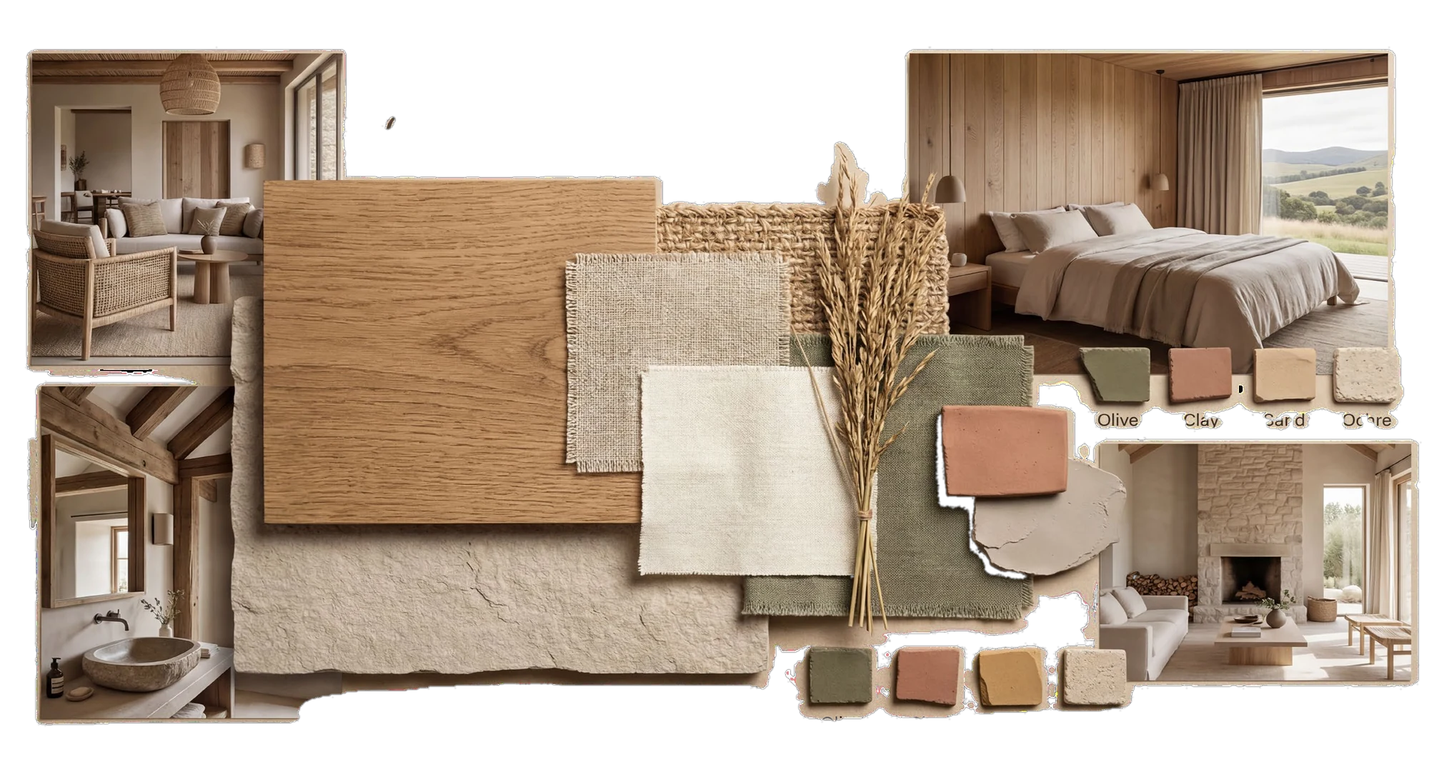 Moodboard de materiales con maderas, textiles y muestras de color en tonos tierra