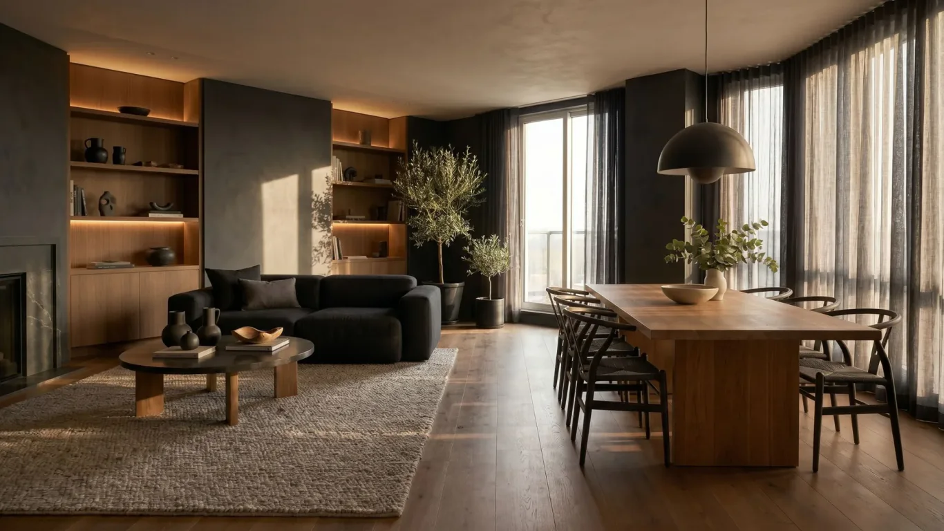 Sala comedor remodelada con biblioteca en madera, iluminación cálida y grandes ventanales