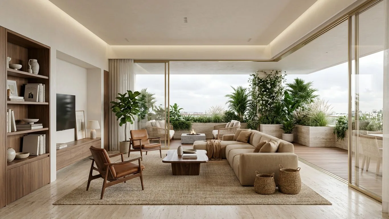 Sala en tonos lino abierta a un balcón con vegetación y vista a la ciudad